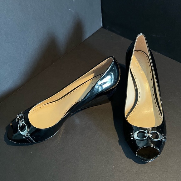Coach Peep Toe Black Patent Leather Wedge Heels - Picture 2 of 6